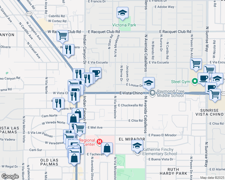 map of restaurants, bars, coffee shops, grocery stores, and more near 1725 North Vía Miraleste in Palm Springs