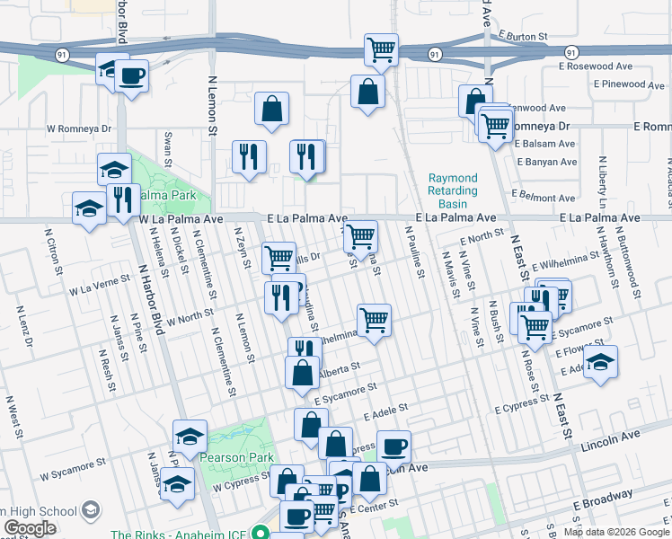 map of restaurants, bars, coffee shops, grocery stores, and more near 747 North Olive Street in Anaheim