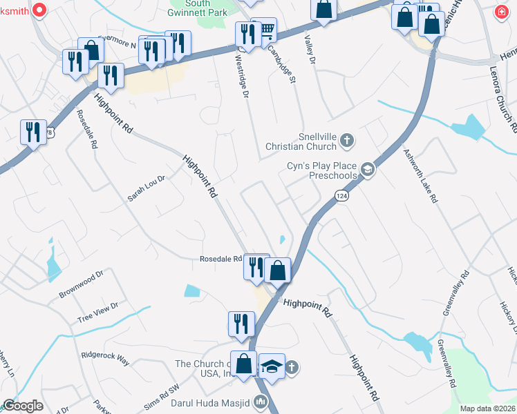map of restaurants, bars, coffee shops, grocery stores, and more near 2370 Bankston Circle in Snellville