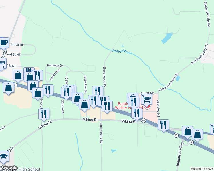 map of restaurants, bars, coffee shops, grocery stores, and more near 101-463 Shererwood Drive in Jasper