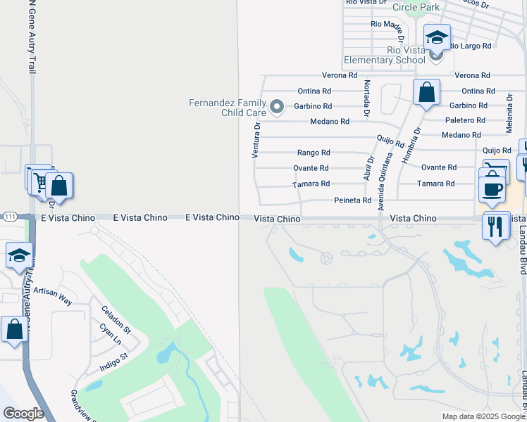 map of restaurants, bars, coffee shops, grocery stores, and more near 67125 Peineta Road in Cathedral City