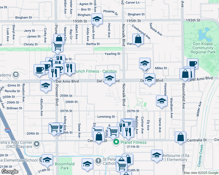 map of restaurants, bars, coffee shops, grocery stores, and more near 12108 Del Amo Boulevard in Lakewood