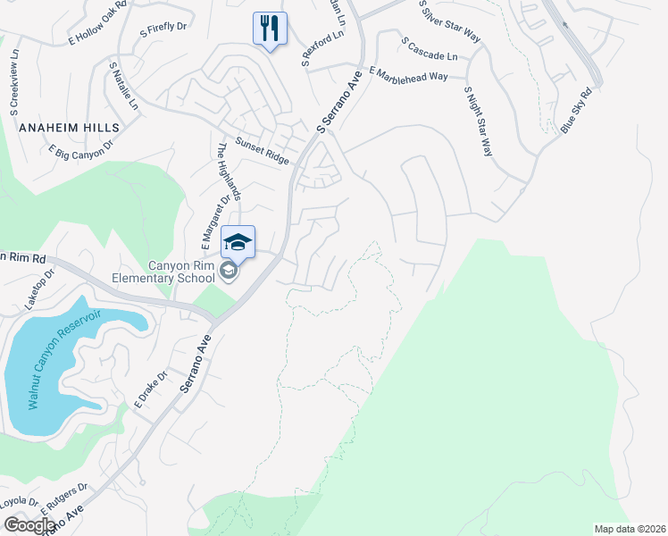 map of restaurants, bars, coffee shops, grocery stores, and more near 1059 South Rising Sun Court in Anaheim