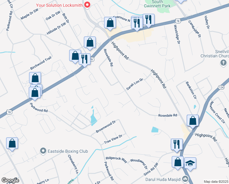 map of restaurants, bars, coffee shops, grocery stores, and more near 3265 Sarah Lou Drive in Snellville