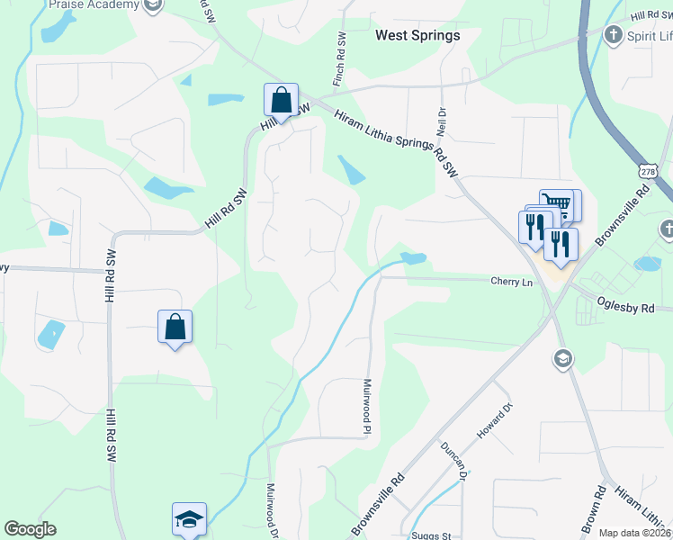 map of restaurants, bars, coffee shops, grocery stores, and more near 4880 Telford Circle in Powder Springs