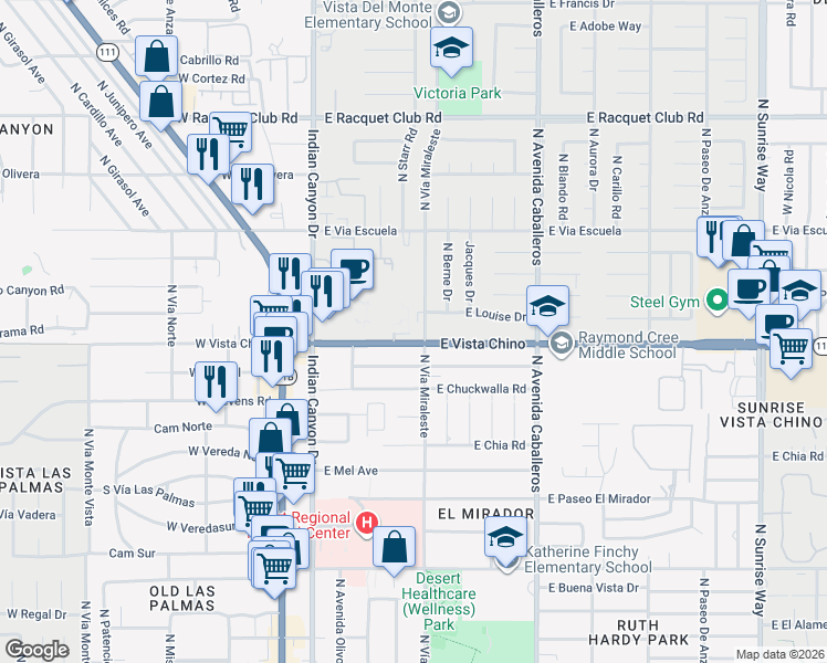 map of restaurants, bars, coffee shops, grocery stores, and more near 1725 North Vía Miraleste in Palm Springs