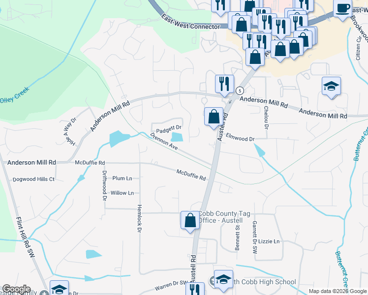 map of restaurants, bars, coffee shops, grocery stores, and more near 2010 Drennon Avenue in Austell