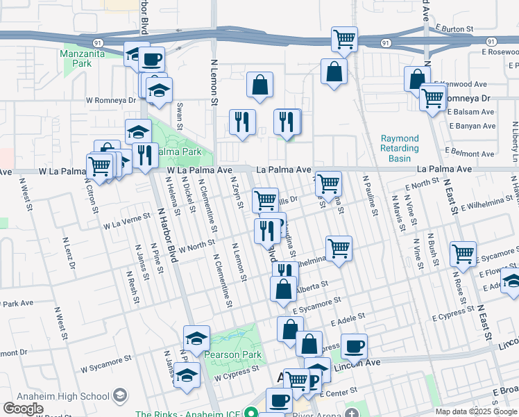 map of restaurants, bars, coffee shops, grocery stores, and more near North Anaheim Boulevard in Anaheim