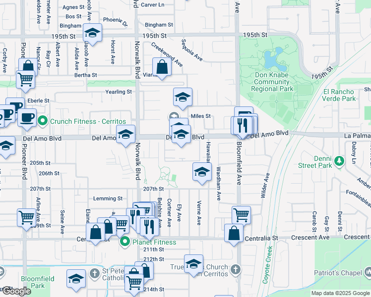 map of restaurants, bars, coffee shops, grocery stores, and more near 12350 Del Amo Boulevard in Lakewood