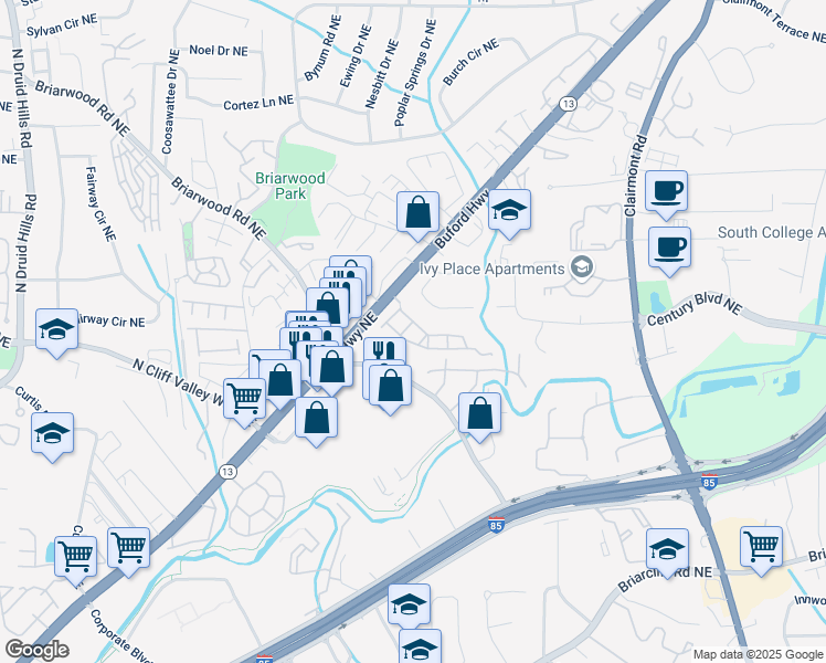 map of restaurants, bars, coffee shops, grocery stores, and more near 2167 Crestridge Trail Northeast in Atlanta