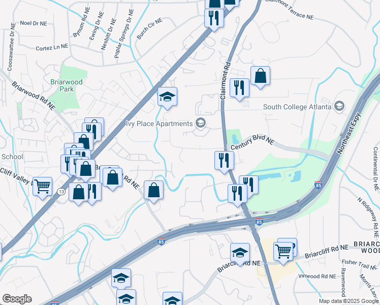 map of restaurants, bars, coffee shops, grocery stores, and more near 1721 Clairmont Way Northeast in Atlanta
