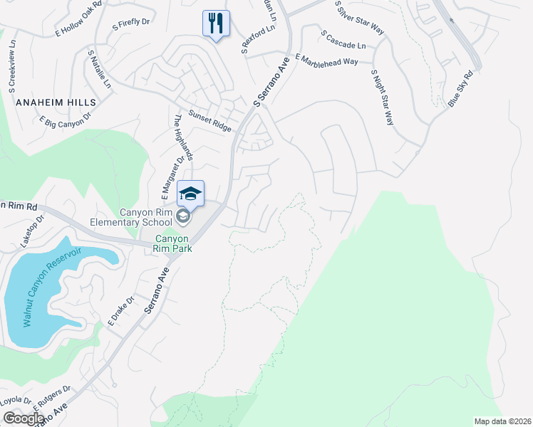 map of restaurants, bars, coffee shops, grocery stores, and more near 1053 South Daybreak Court in Anaheim