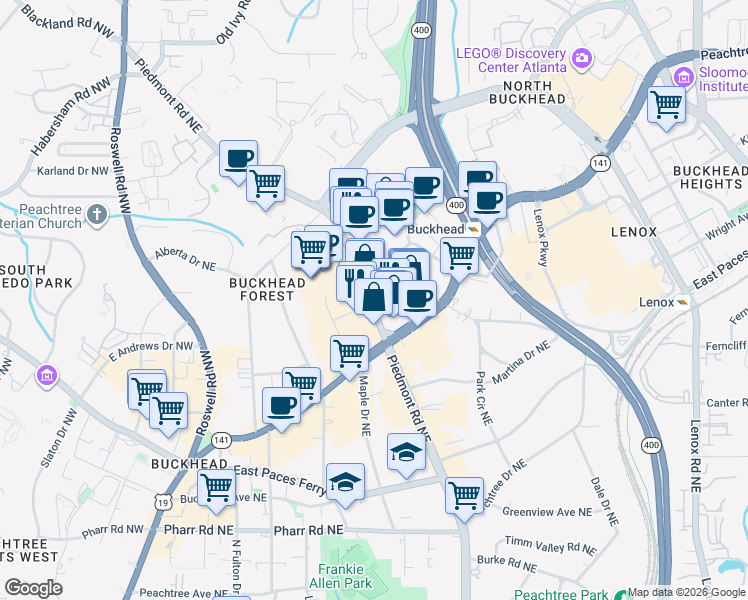 map of restaurants, bars, coffee shops, grocery stores, and more near 3325 Piedmont Road Northeast in Atlanta
