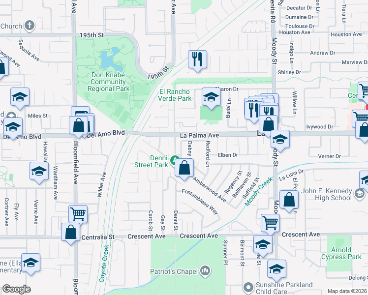 map of restaurants, bars, coffee shops, grocery stores, and more near 8052 Ainsworth Lane in La Palma