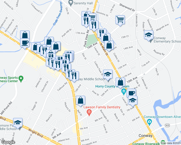 map of restaurants, bars, coffee shops, grocery stores, and more near 1204 13th Avenue in Conway