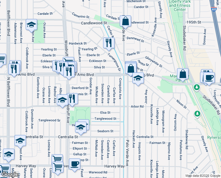 map of restaurants, bars, coffee shops, grocery stores, and more near 4806 Canehill Avenue in Lakewood