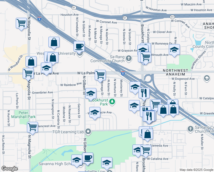 map of restaurants, bars, coffee shops, grocery stores, and more near 947 North Alamo Street in Anaheim