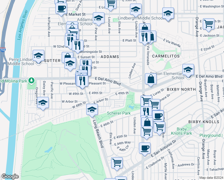 map of restaurants, bars, coffee shops, grocery stores, and more near 312 East Peace Street in Long Beach