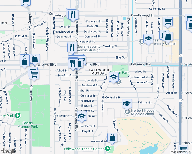 map of restaurants, bars, coffee shops, grocery stores, and more near 2906 Allred Street in Lakewood
