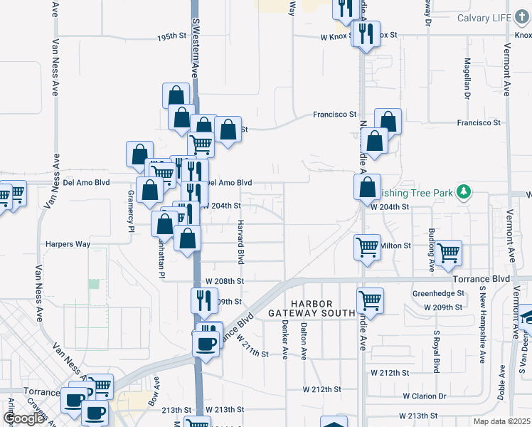 map of restaurants, bars, coffee shops, grocery stores, and more near 1521 1/2 West 204th Street in Torrance
