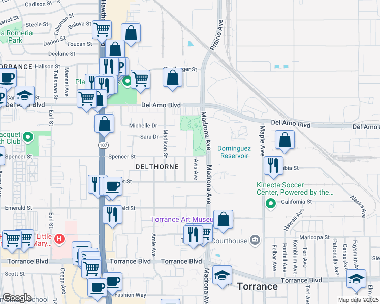 map of restaurants, bars, coffee shops, grocery stores, and more near 20429 Osage Avenue in Torrance
