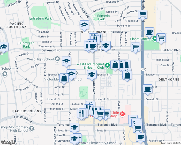 map of restaurants, bars, coffee shops, grocery stores, and more near 20430 Reynolds Drive in Torrance