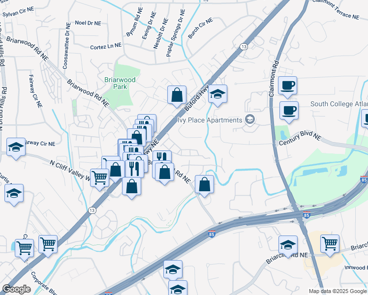 map of restaurants, bars, coffee shops, grocery stores, and more near 1598 Lenox Overlook Road in Atlanta