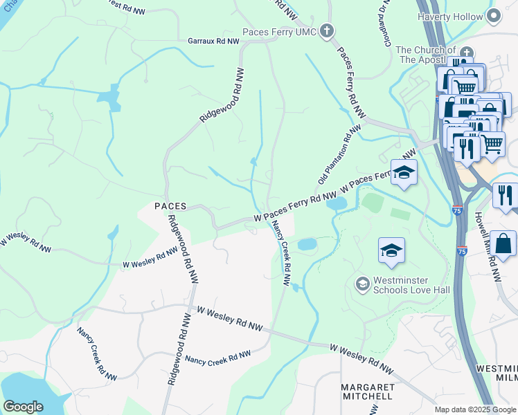 map of restaurants, bars, coffee shops, grocery stores, and more near 3350 Nancy Creek Road Northwest in Atlanta