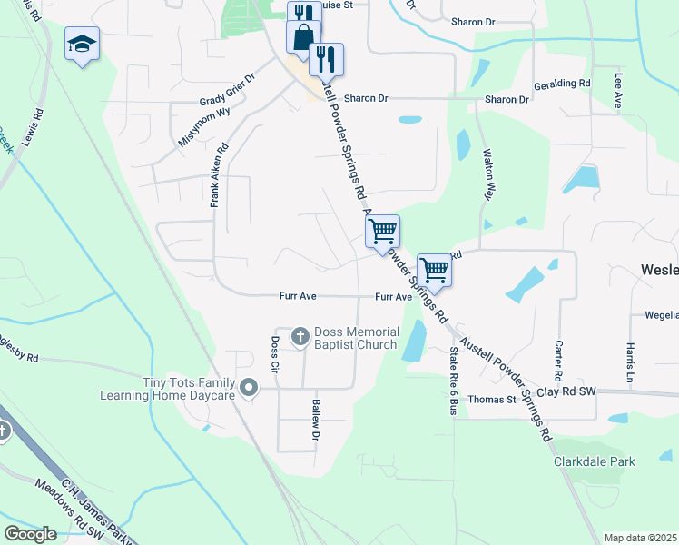 map of restaurants, bars, coffee shops, grocery stores, and more near 3921 Brushy Street in Powder Springs