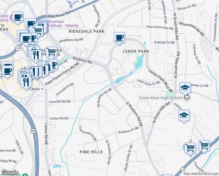 map of restaurants, bars, coffee shops, grocery stores, and more near 3310 West Roxboro Road Northeast in Atlanta