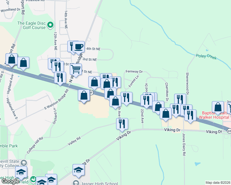 map of restaurants, bars, coffee shops, grocery stores, and more near Old U.S. 78 in Jasper