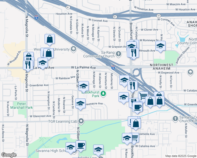 map of restaurants, bars, coffee shops, grocery stores, and more near 947 North Alamo Street in Anaheim