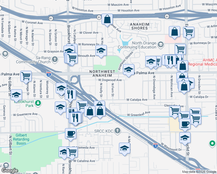 map of restaurants, bars, coffee shops, grocery stores, and more near 940 North Garden Street in Anaheim