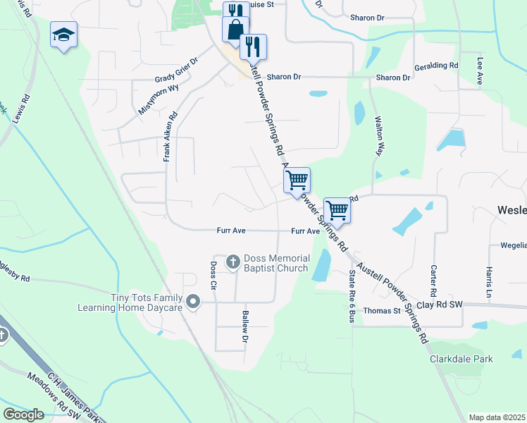 map of restaurants, bars, coffee shops, grocery stores, and more near 3921 Brushy Street in Powder Springs