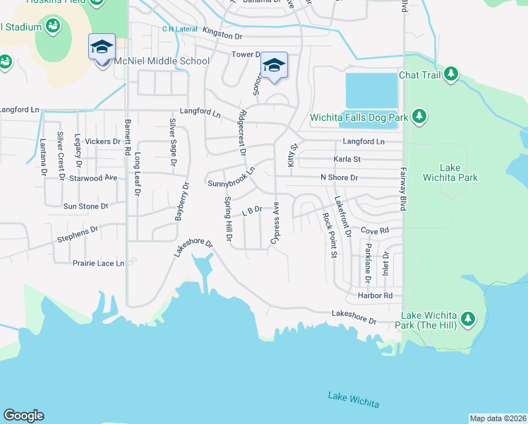 map of restaurants, bars, coffee shops, grocery stores, and more near 5326 Ridgecrest Drive in Wichita Falls