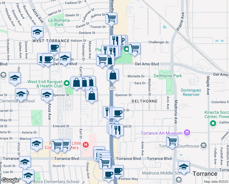 map of restaurants, bars, coffee shops, grocery stores, and more near 20460 Hawthorne Boulevard in Torrance