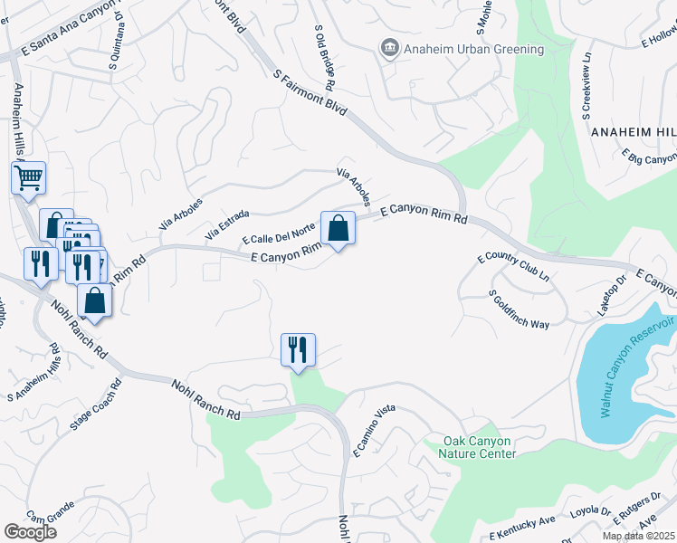 map of restaurants, bars, coffee shops, grocery stores, and more near 6550 East Vía Corral in Anaheim
