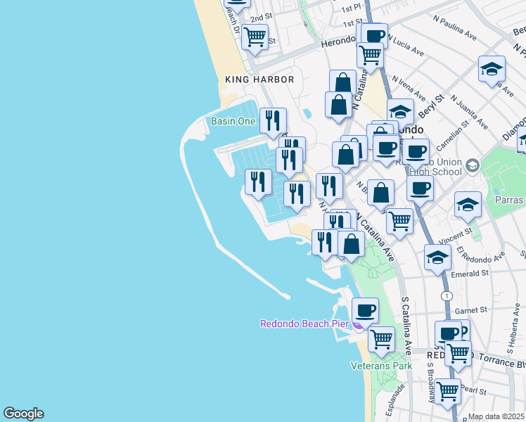 map of restaurants, bars, coffee shops, grocery stores, and more near 260 Portofino Way in Redondo Beach