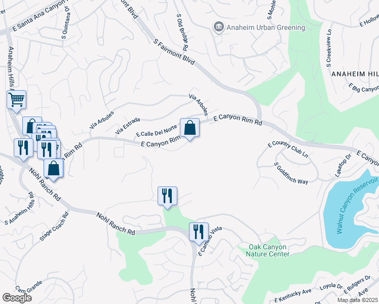 map of restaurants, bars, coffee shops, grocery stores, and more near 6550 East Vía Corral in Anaheim