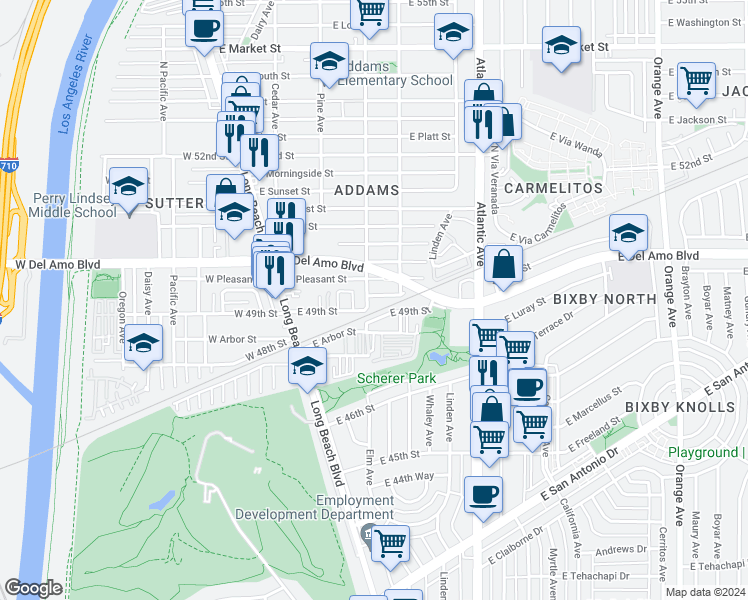 map of restaurants, bars, coffee shops, grocery stores, and more near 312 East Peace Street in Long Beach