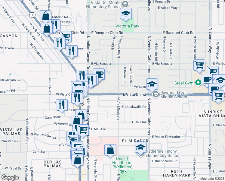 map of restaurants, bars, coffee shops, grocery stores, and more near 450 East Vista Chino in Palm Springs