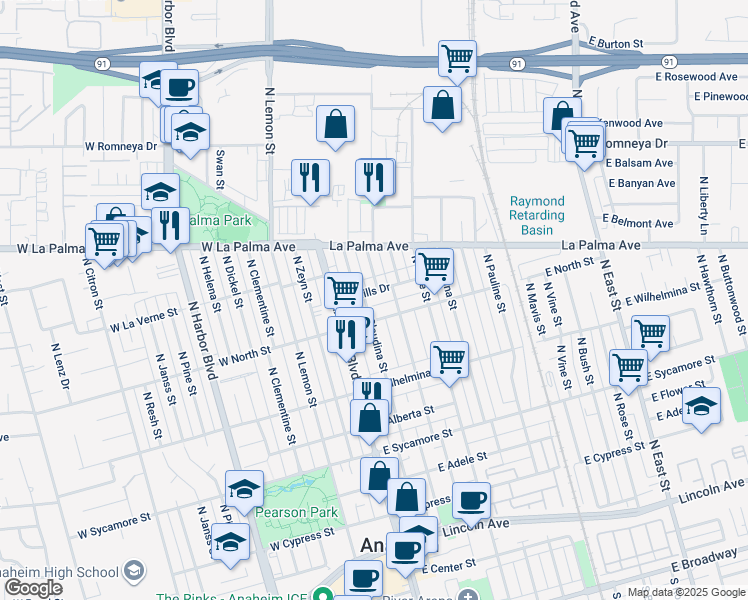map of restaurants, bars, coffee shops, grocery stores, and more near 204 East Mills Drive in Anaheim