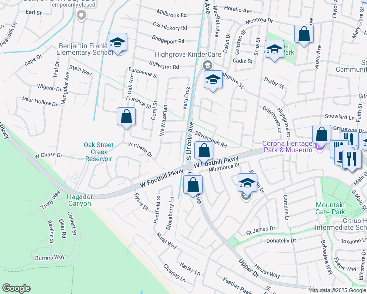 map of restaurants, bars, coffee shops, grocery stores, and more near 3141 Brunstane Circle in Corona