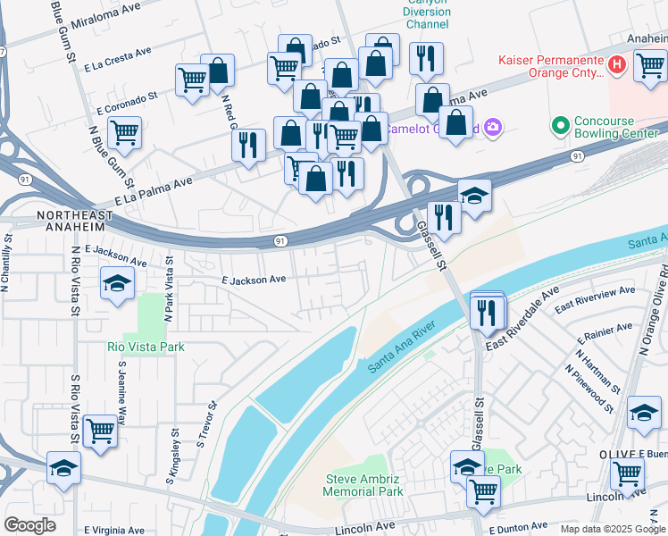 map of restaurants, bars, coffee shops, grocery stores, and more near 3010 East Vía Taranto in Anaheim