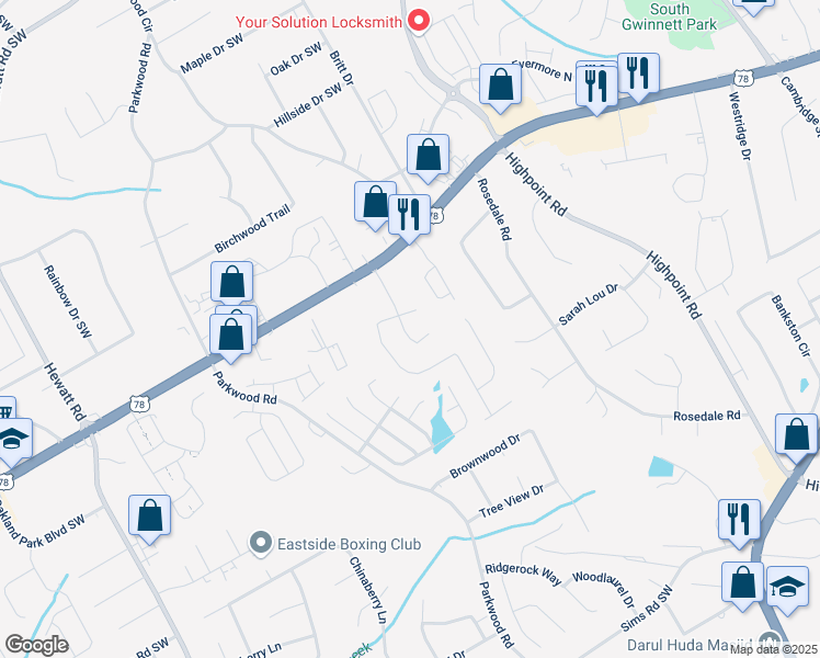 map of restaurants, bars, coffee shops, grocery stores, and more near 2290 Georgia Lane in Snellville