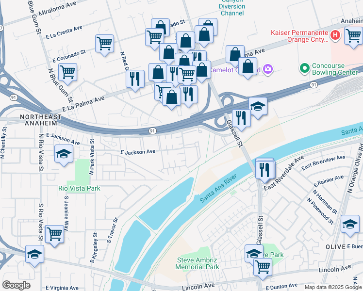 map of restaurants, bars, coffee shops, grocery stores, and more near 3010 East Vía Taranto in Anaheim