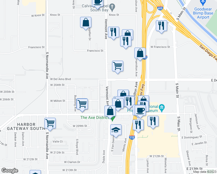 map of restaurants, bars, coffee shops, grocery stores, and more near 20426 South Vermont Avenue in Torrance