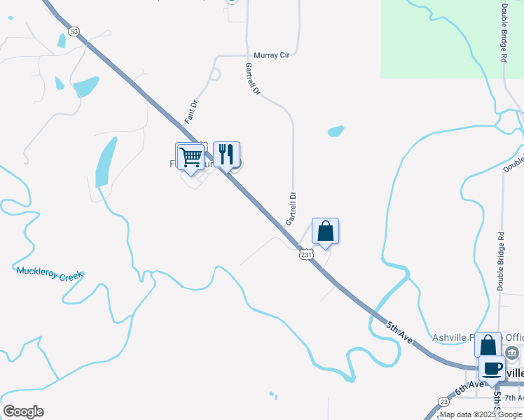 map of restaurants, bars, coffee shops, grocery stores, and more near U.S. 231 in Ashville