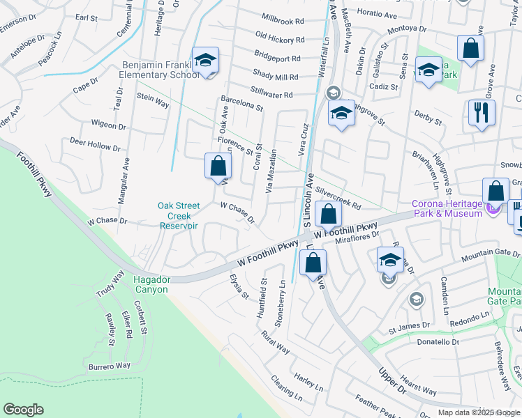 map of restaurants, bars, coffee shops, grocery stores, and more near 3186 Vía Mazatlan in Corona