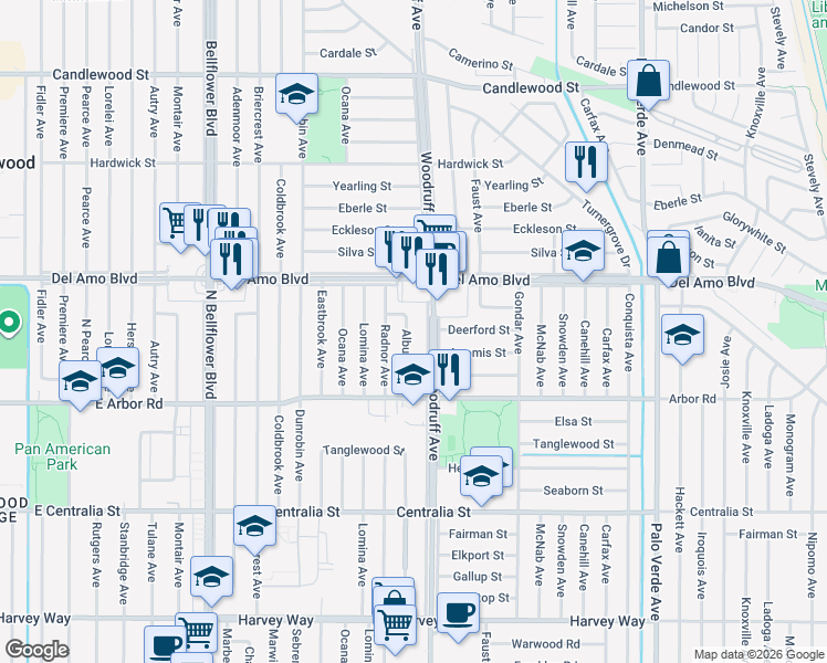 map of restaurants, bars, coffee shops, grocery stores, and more near 4842 Albury Avenue in Lakewood